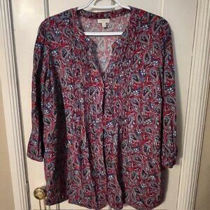 TALBOTS 3/4-SLEEVE PINTUCK TOP, RED & BLUE PAISLEY, 1X; GENTLY WORN